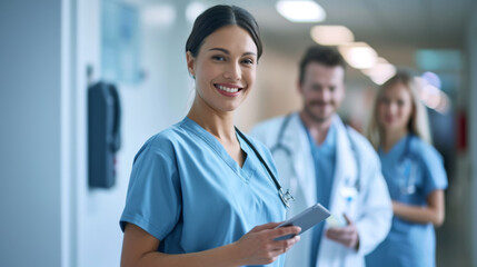 female healthcare professional in blue scrubs with a stethoscope around her neck