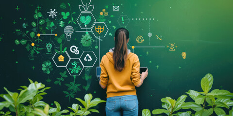 Person engaging with a futuristic digital interface, sustainability concept