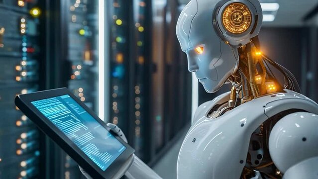 Fiction. Animated photo shows a humanoid robot that programs itself. It is standing in the server room with a tablet. Its data processing is visible through moving particles.