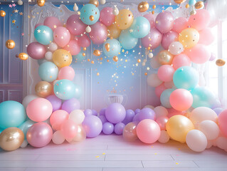 Fototapeta na wymiar Celestial Delight: high-resolution PNG, Balloons, Stars, and Rainbow Cake Smash Backdrops for Magical Baby Birthday Photography