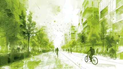 Ethereal green boulevard with pedestrians and cyclist amidst modern architecture.
