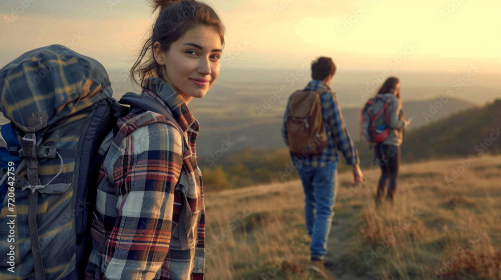 Sticker group of friends is hiking in the mountains at sunset, with a young woman in the foreground smiling 