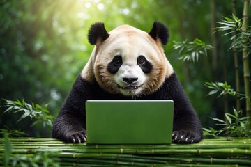 panda working on laptop in bamboo forest, business technology with nature saving sustainability...