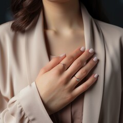 hands of a young woman with a gentle nude manicure on her nails. ai generated