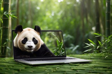 panda goes through screen of laptop on table in bamboo forest, business technology with...