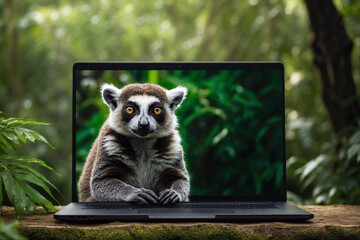 laptop with lemur on screen on jungle backdrop, communication technology and nature sustainability concept - obrazy, fototapety, plakaty