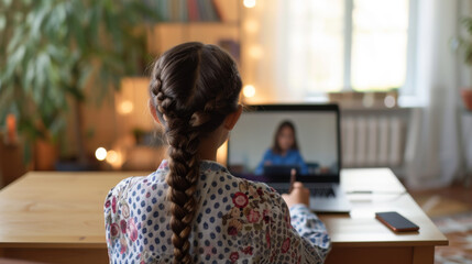 young girl engaged in an online learning session, writing notes while participating in a video call with a teacher on her laptop at a home study setup