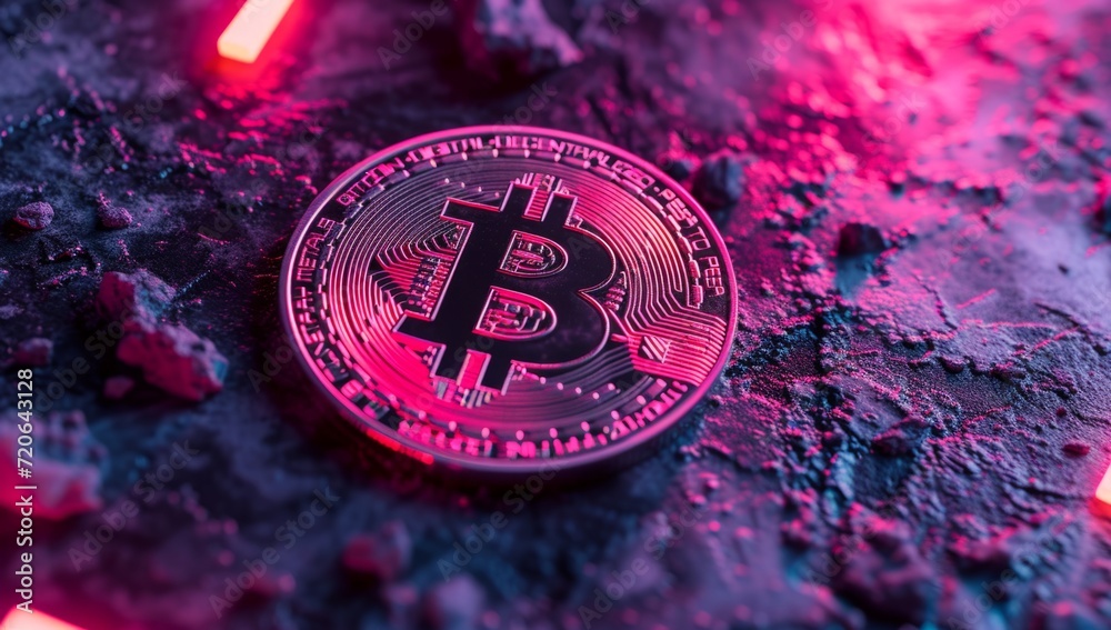 Wall mural a bitcoin on a purple background with neon lights around it generative ai