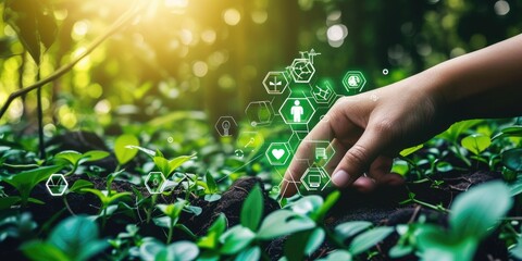 Person engaging with a futuristic digital interface, sustainability concept