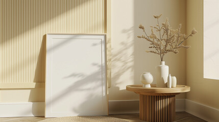 Frame mockup in Scandinavian living room interior, 3d render, with a blank white picture frame leaning against a table