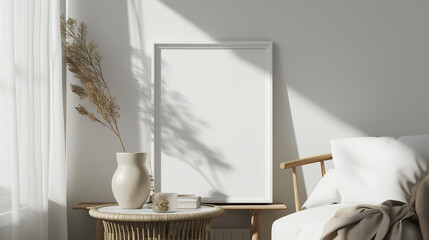 Frame mockup in Scandinavian living room interior, 3d render, with a blank white picture frame leaning against a table