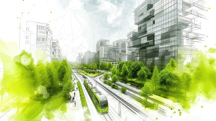 Artistic green-toned cityscape with a modern tram system.