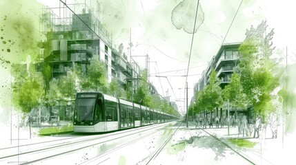 Tranquil tramway passage through a lush urban greenway.