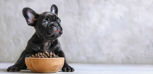 A black French bulldog puppy sits on the floor next to a wooden bowl with dry food. Feeding the...