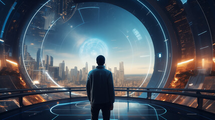  a man with a futuristic outlook looking onto a city landscape