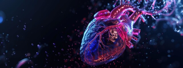 Rendering 3D transparent heart cardiology with infographic virtual diagnosis. AI generated