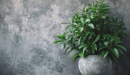 a pot of green plants against a concrete wall