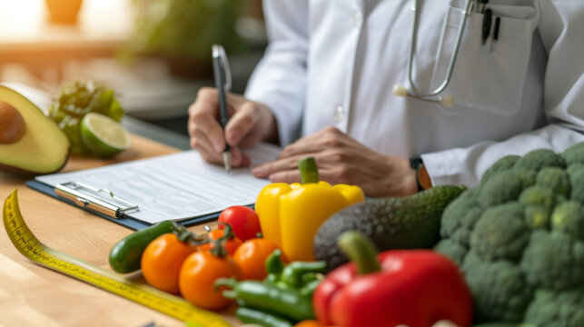 Healthcare professional, presumably a dietitian or nutritionist, with a clipboard in hand, writing notes in front of a table filled with various fresh vegetables
