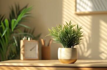 a potted plant sits on a desk