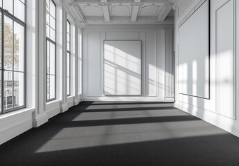 a room with white walls and black carpet