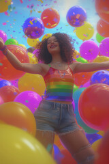 Fototapeta na wymiar A beautiful young African American woman with rainbow outfit, dancing and celebrating at an LGBTQ+ PRIDE party event, surrounded by rainbow balloons and confetti