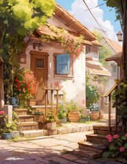Fototapeta na wymiar an anime village with a little house and flowers