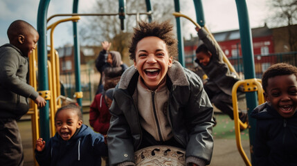 Obraz premium Woman Parents Kids Smiling and Playing together at the playground