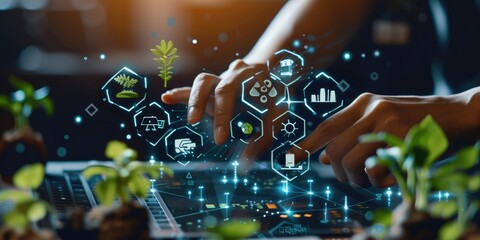Person engaging with a futuristic digital interface, sustainability concept