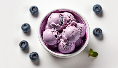 blueberry rounded scoop ice cream, top view on white background, photorealistic no cone
