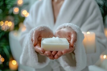 Fototapeta na wymiar White toilet soap in female hands against the background of a fragrant foam bath. Woman in white terry bathrobe washing her hands with soap. 