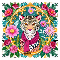 Flora and Fauna: Harmony of Baroque Flowers on a Leopard Patterned Scarf