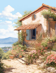 Fototapeta na wymiar an anime village with a little house and flowers