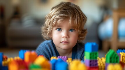 Fototapeta na wymiar A three-year-old boy built a house from multi-colored cubes