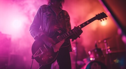 a person plays an electric guitar in front of a bright light - obrazy, fototapety, plakaty