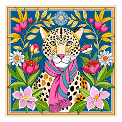 Artistic Reflection of the Wild Spirit: Leopard Print Scarf Adorned with Baroque Florals