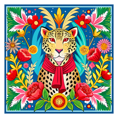 Artistic Reflection of the Wild Spirit: Leopard Print Scarf Adorned with Baroque Florals