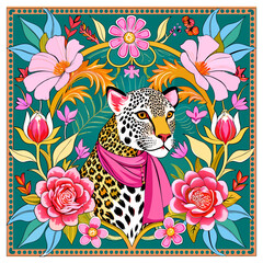 Artistic Reflection of the Wild Spirit: Leopard Print Scarf Adorned with Baroque Florals