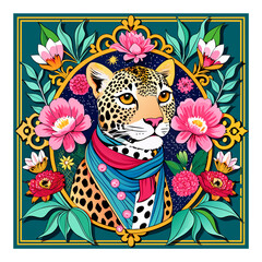 Artistic Reflection of the Wild Spirit: Leopard Print Scarf Adorned with Baroque Florals