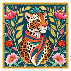 Artistic Reflection of the Wild Spirit: Leopard Print Scarf Adorned with Baroque Florals