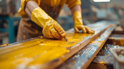 A worker in yellow paint planes a wooden board with a plane
