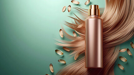 Nourish hair, Cosmetic shampoo serum bottle. Hair damaged Repair concept. Creative 3d banner for hair care cosmetics product. - obrazy, fototapety, plakaty