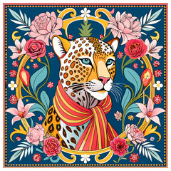 Artistic Reflection of the Wild Spirit: Leopard Print Scarf Adorned with Baroque Florals