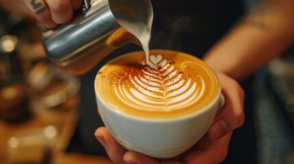 A young handsome barista in a coffee shop makes a beautiful cappuccino with a pattern of a leaf shape