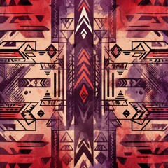 Amethyst, vermilion, and sage seamless African pattern, tribal motifs grunge texture on textile