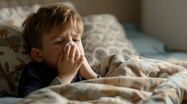 Caucasian boy blows his nose in bed ,The nose doesn't stop running.