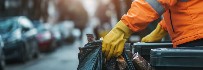 Close-up of the hand of a garbage collector in the city.