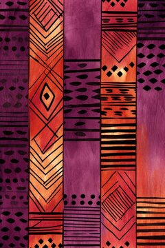 Amethyst, vermilion, and sage seamless African pattern, tribal motifs grunge texture on textile