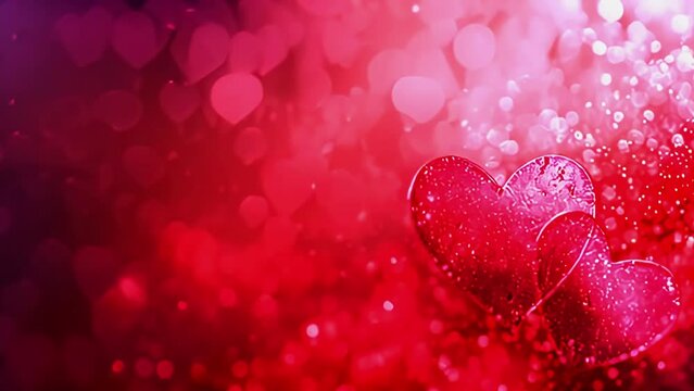 Valenties day background with two hears and bokeh in red colour. Romantic love backdrop for wedding, 14 february or anniversary 