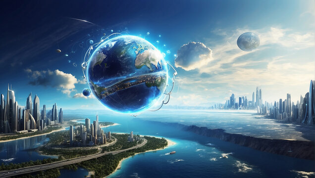 landscape with moon and clouds earth and moon spaceship flying over the earth spaceship and planet spaceship and earth