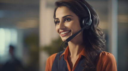 a woman who is working on a call center wearing headphones